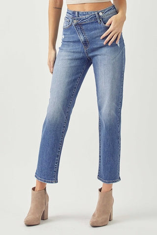 HIGH RISE CROSSOVER TAPERED JEANS
