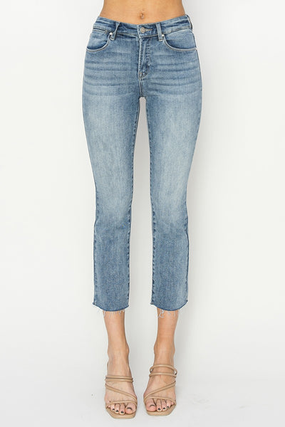 MID RISE RAW EDGE HEM STRAIGHT JEANS